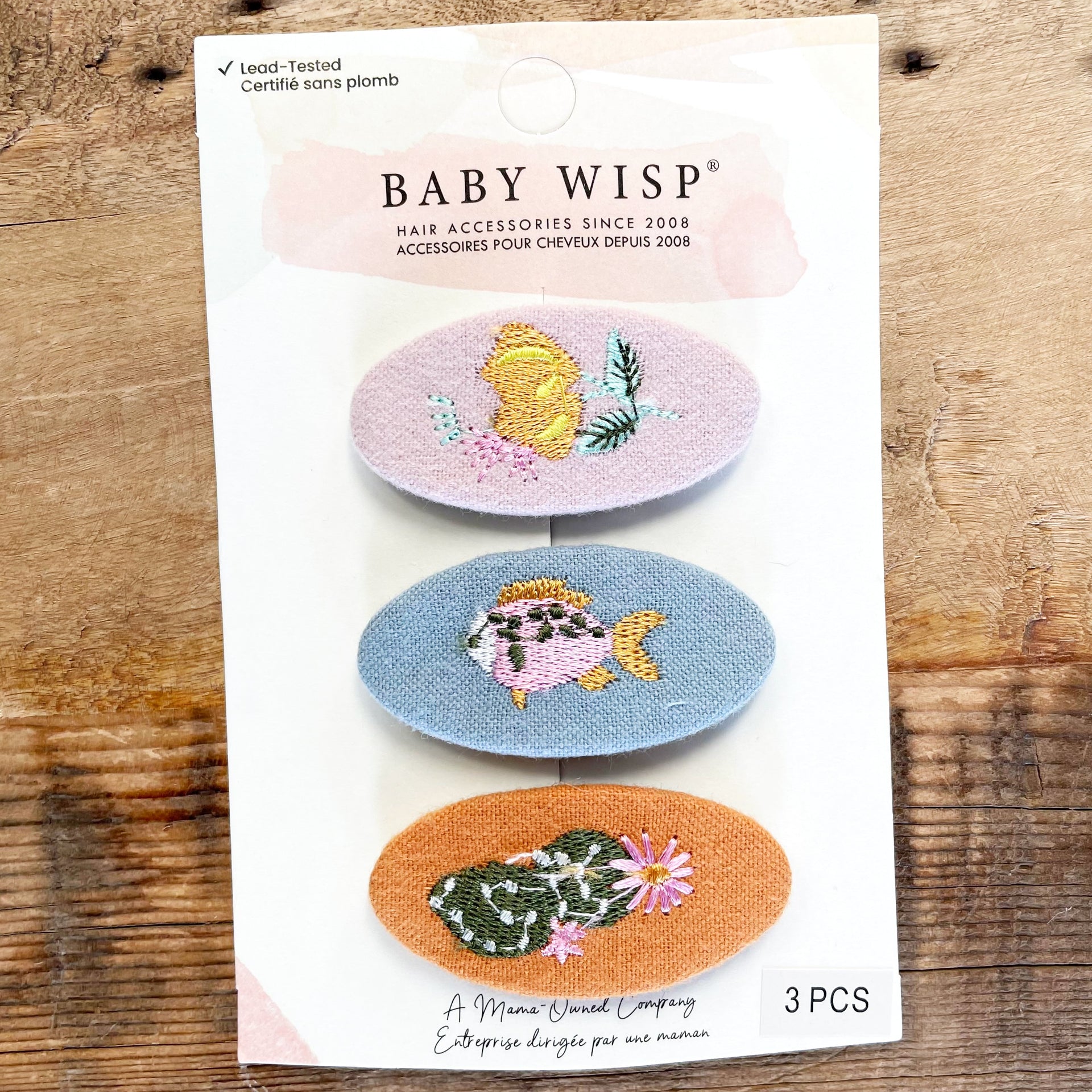 3 Embroidered Fabric Covered Large 5cm Snap Clips - Socal Baby Wisp