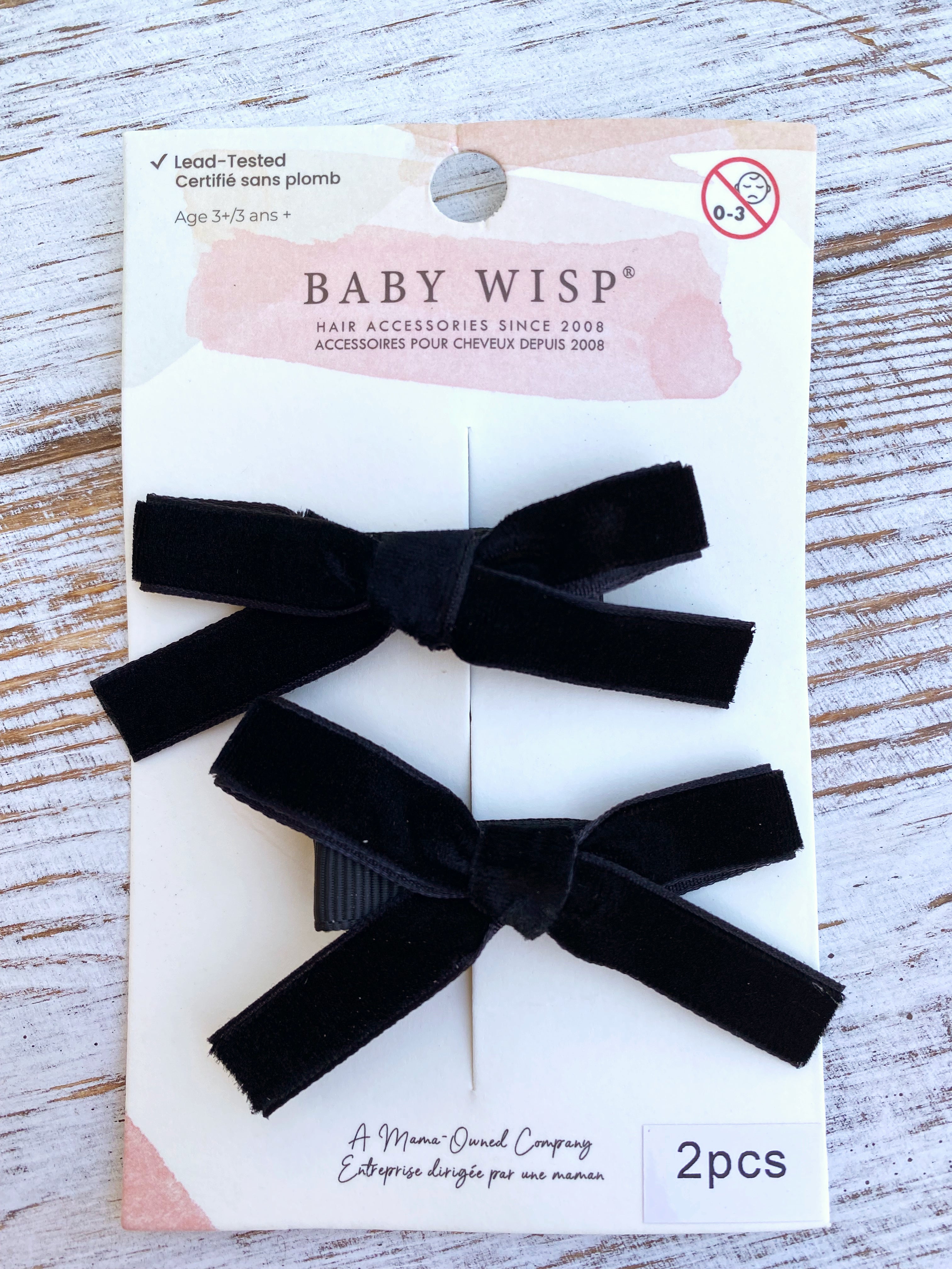 Baby Wisp Velvet Ribbon Pigtail Bows Alligator Clips - 2 Bows - Black