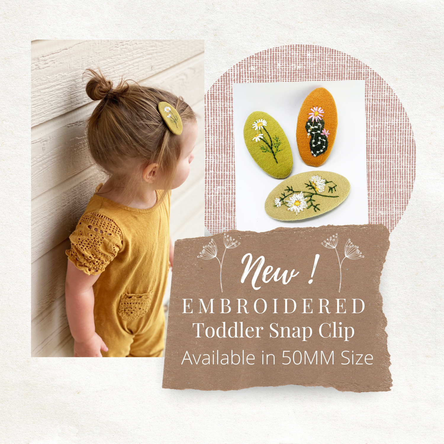 NEW FLORAL EMBROIDERED FABRIC SNAP CLIP FOR TODDLERS!