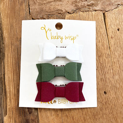 3 Billie Jean Medium Wisp Clip Faux Suede Bows- Festive Bows Baby Wisp