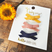 3 Mini Latch Wisp Clips - Faux Suede Hand Tied Baby Bows - Yellow Gold, Clay, and Navy Baby Wisp