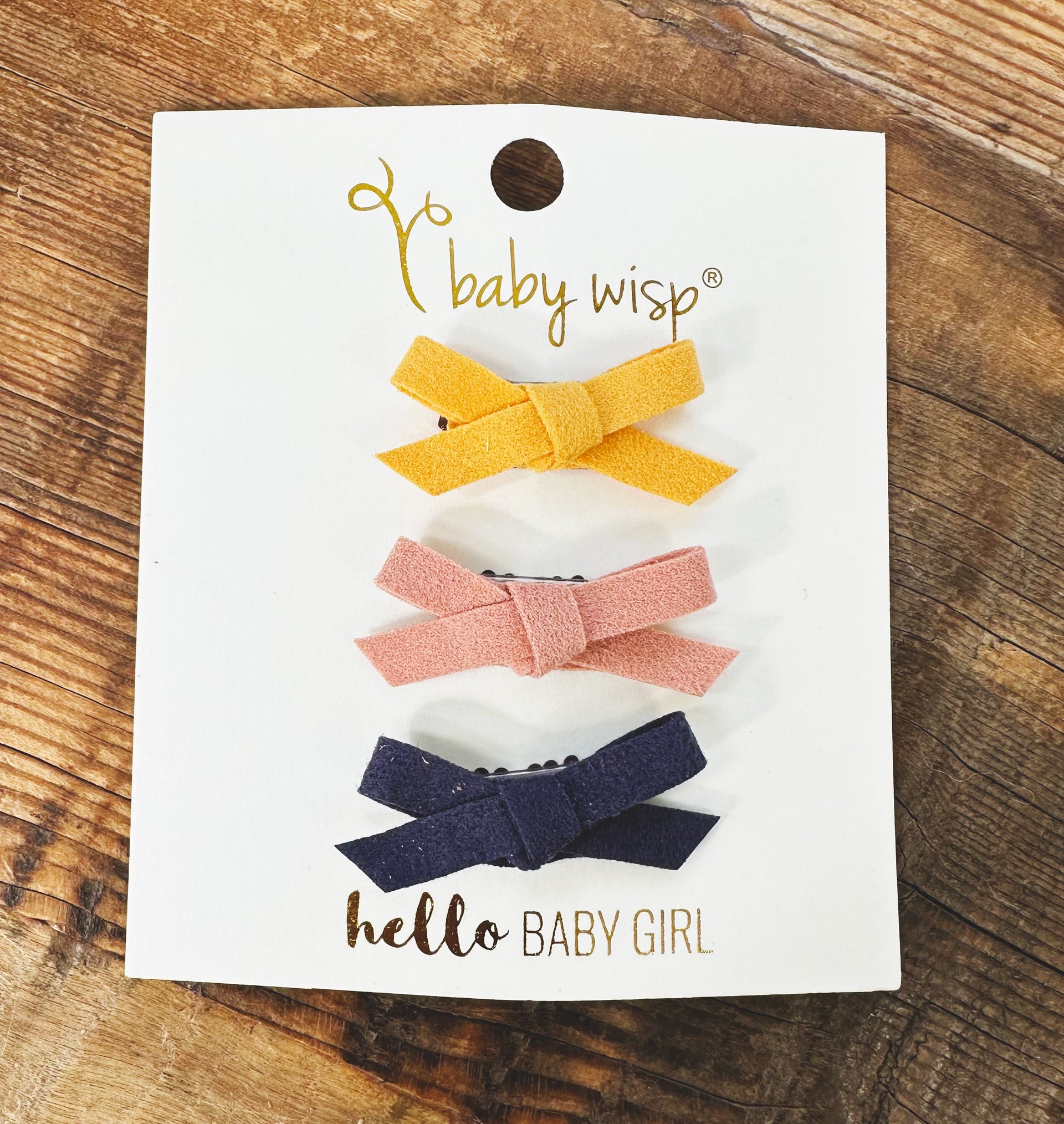 3 Mini Latch Wisp Clips - Faux Suede Hand Tied Baby Bows - Yellow Gold, Clay, and Navy Baby Wisp