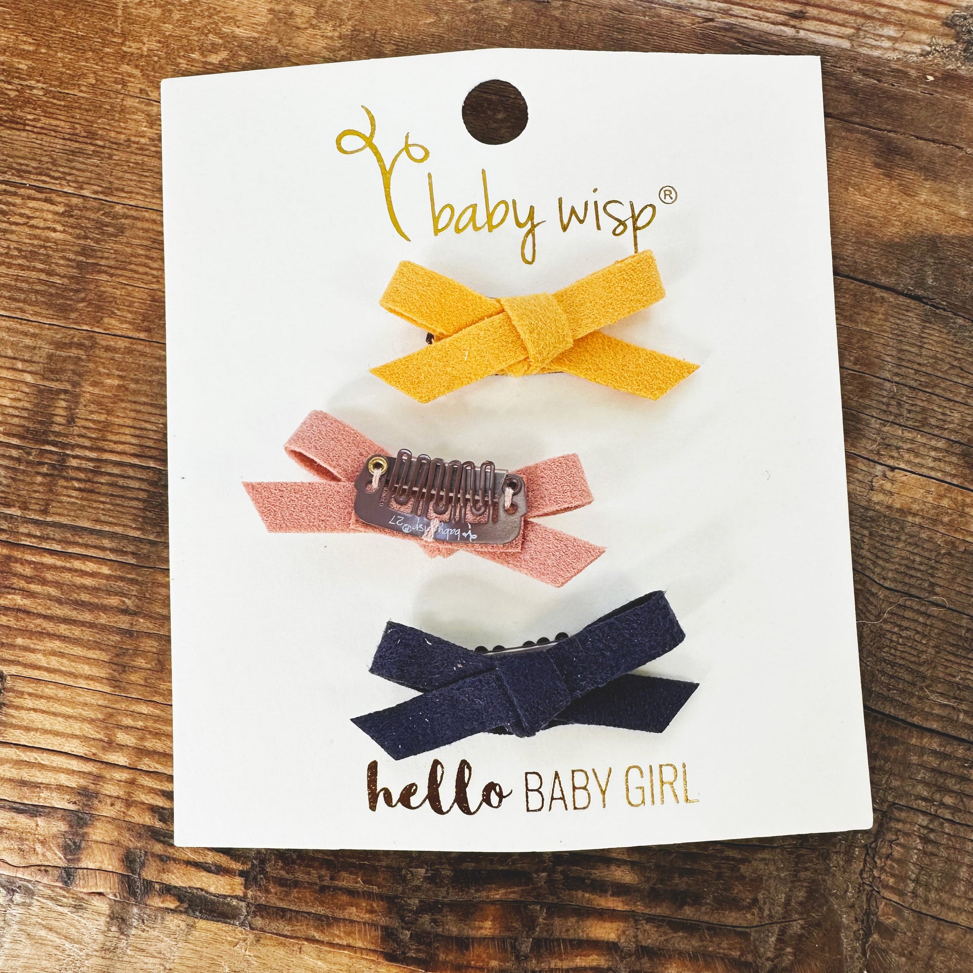 3 Mini Latch Wisp Clips - Faux Suede Hand Tied Baby Bows - Yellow Gold, Clay, and Navy Baby Wisp