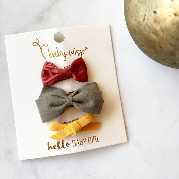 3 Mixed Hair Bows Hair Clip Gift Set - Beautiful Fall Shades Baby Wisp