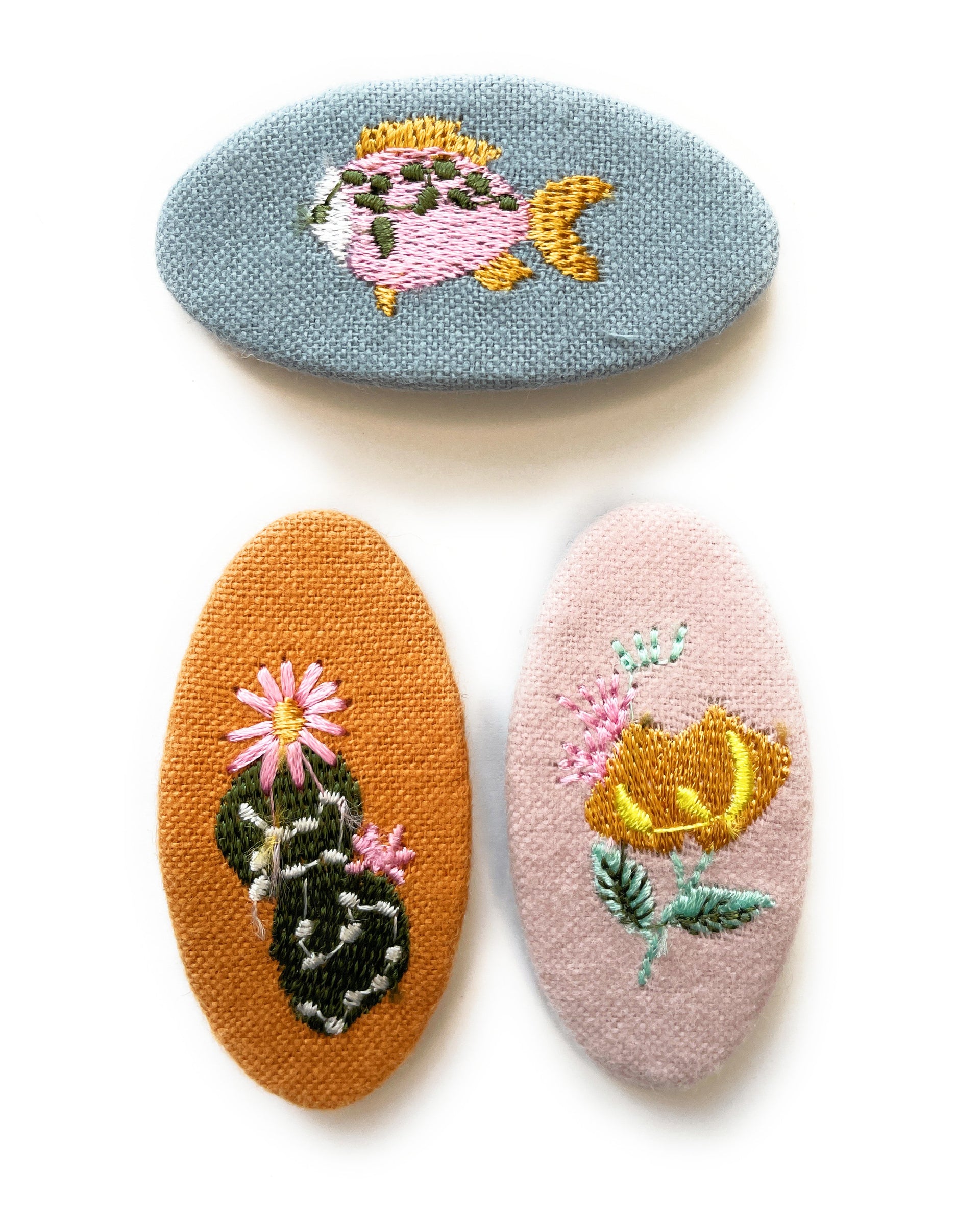 3 Embroidered Fabric Covered Large 5cm Snap Clips - Socal Baby Wisp