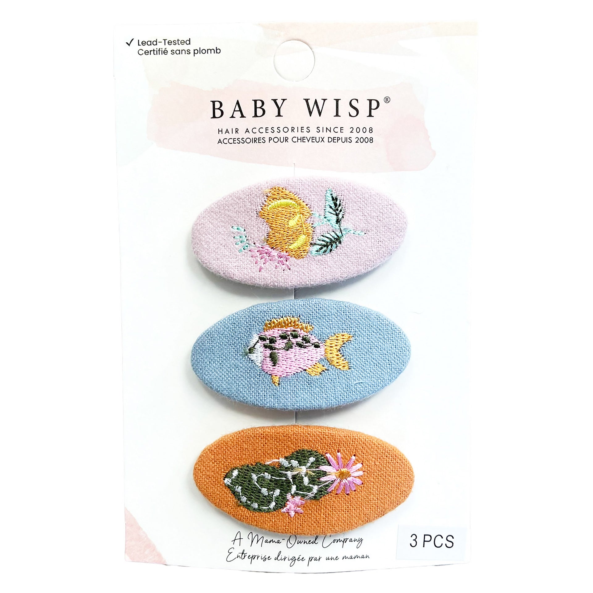 3 Embroidered Fabric Covered Large 5cm Snap Clips - Socal Baby Wisp