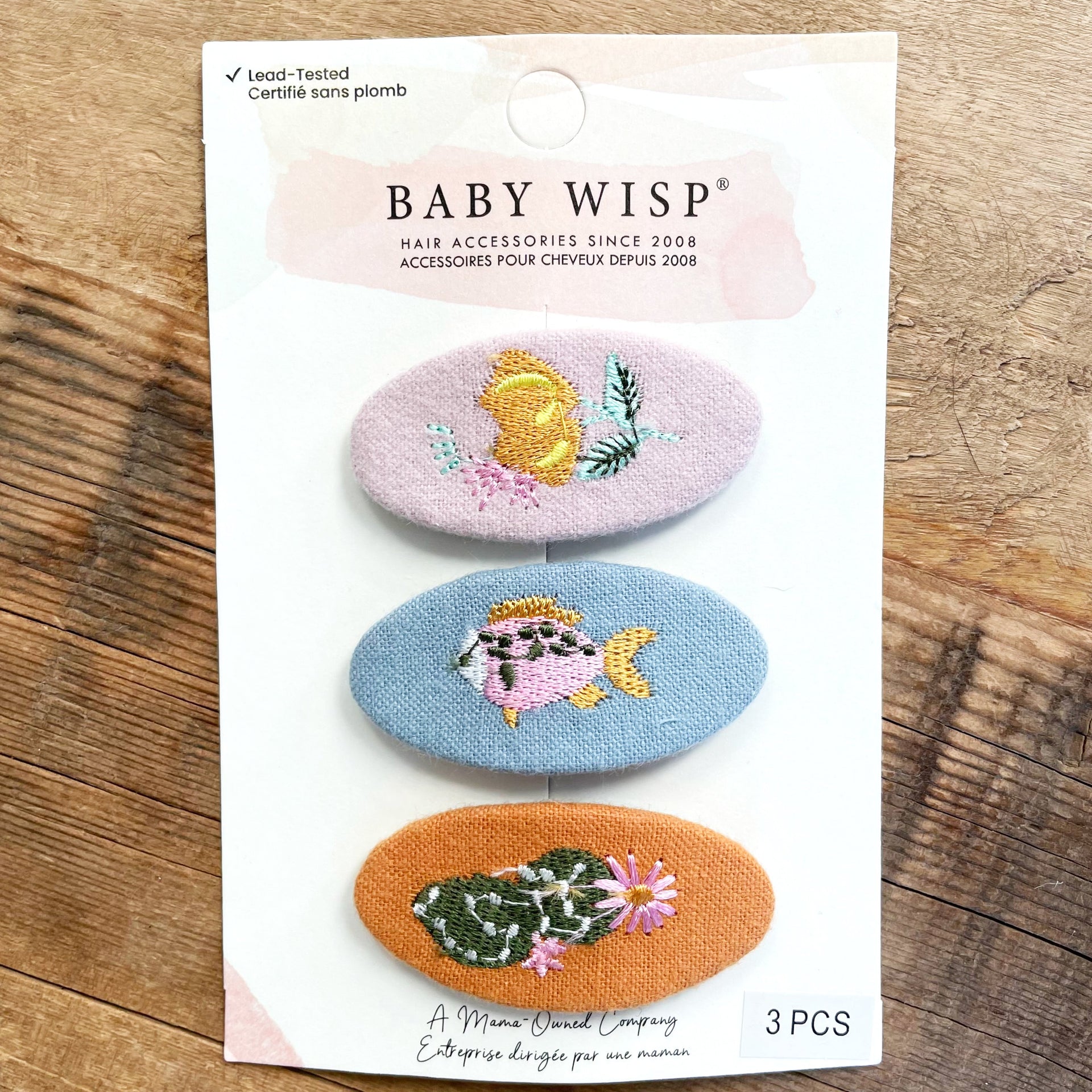 3 Embroidered Fabric Covered Large 5cm Snap Clips - Socal Baby Wisp