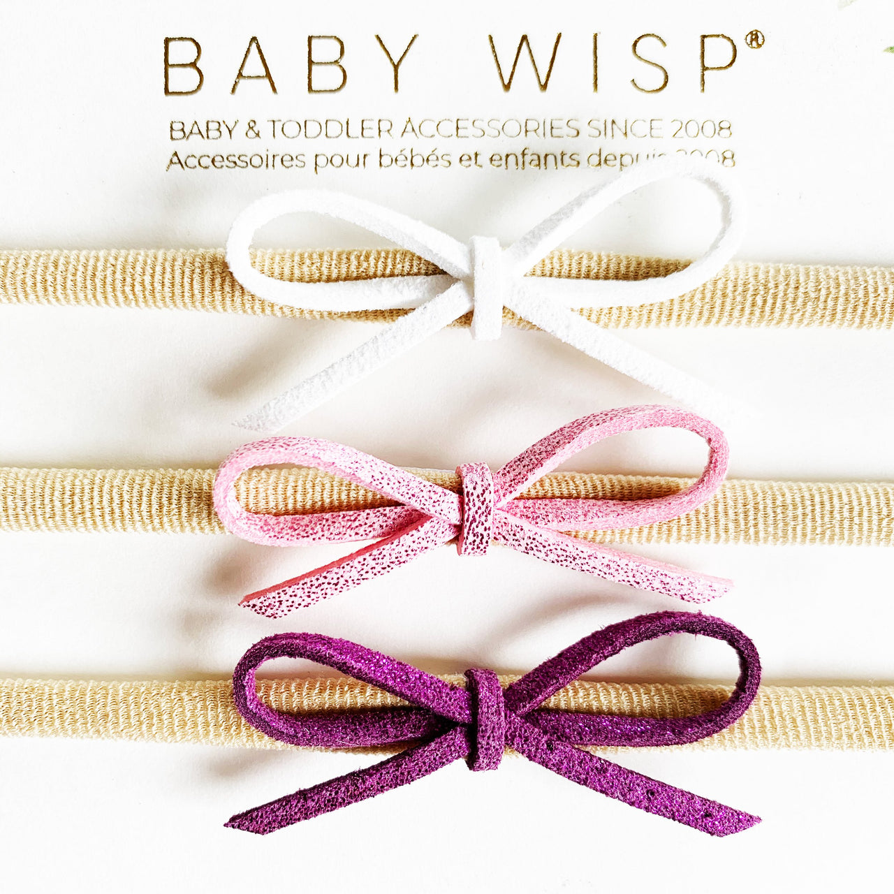 3 Suede Cord Hand Tied Bows Baby Headband Gift Set - White,Pink,Purple Baby Wisp