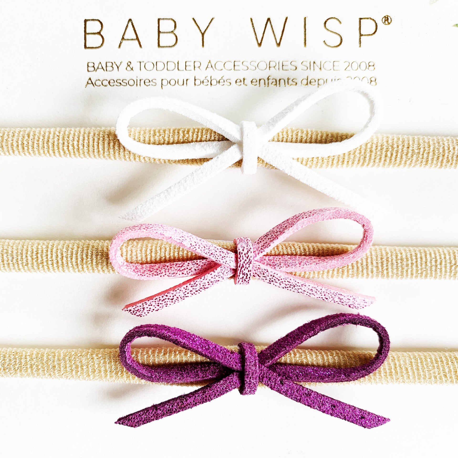 3 Suede Cord Hand Tied Bows Baby Headband Gift Set - White,Pink,Purple Baby Wisp