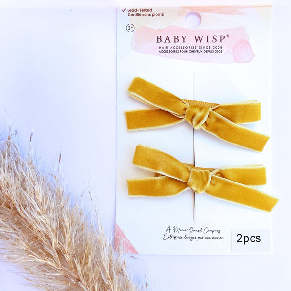 Velvet Ribbon Pigtail Bows Alligator Clips - 2 Bows - Wheat Baby Wisp