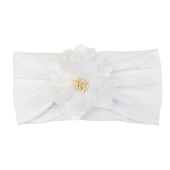 Evelyn Flower Nylon Headwrap - White Baby Wisp