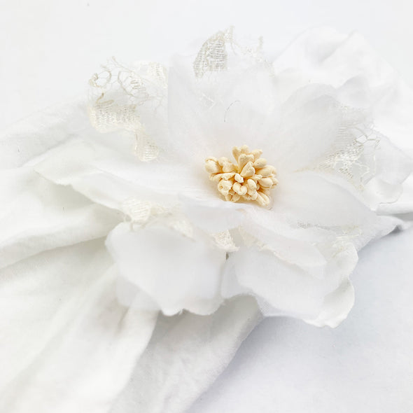 Evelyn Flower Nylon Headwrap - White Baby Wisp