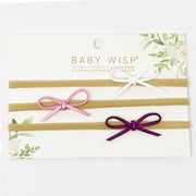 3 Suede Cord Hand Tied Bows Baby Headband Gift Set - White,Pink,Purple Baby Wisp