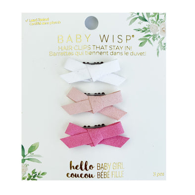 Valentine - 3 Mini Latch Wisp Clips Faux Suede Bows Baby Wisp