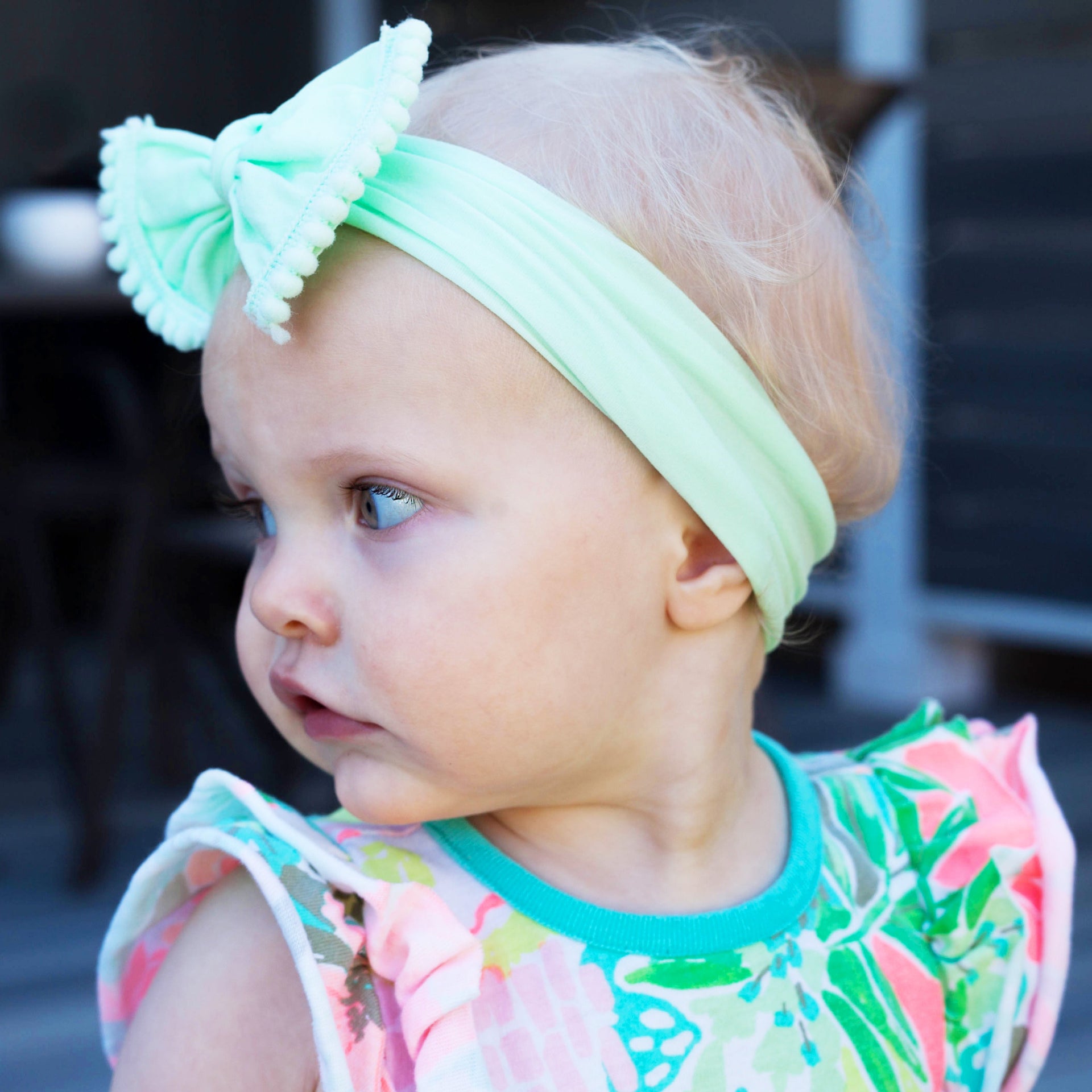 Nylon Pom Pom Trim Headband - White Baby Wisp