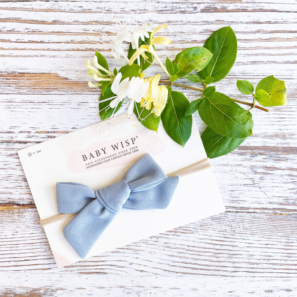 Baby Girls Headband Hand Tied School Girl Fabric Bow - Victoria - Blue Baby Wisp
