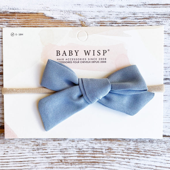 Baby Girls Headband Hand Tied School Girl Fabric Bow - Victoria - Blue Baby Wisp