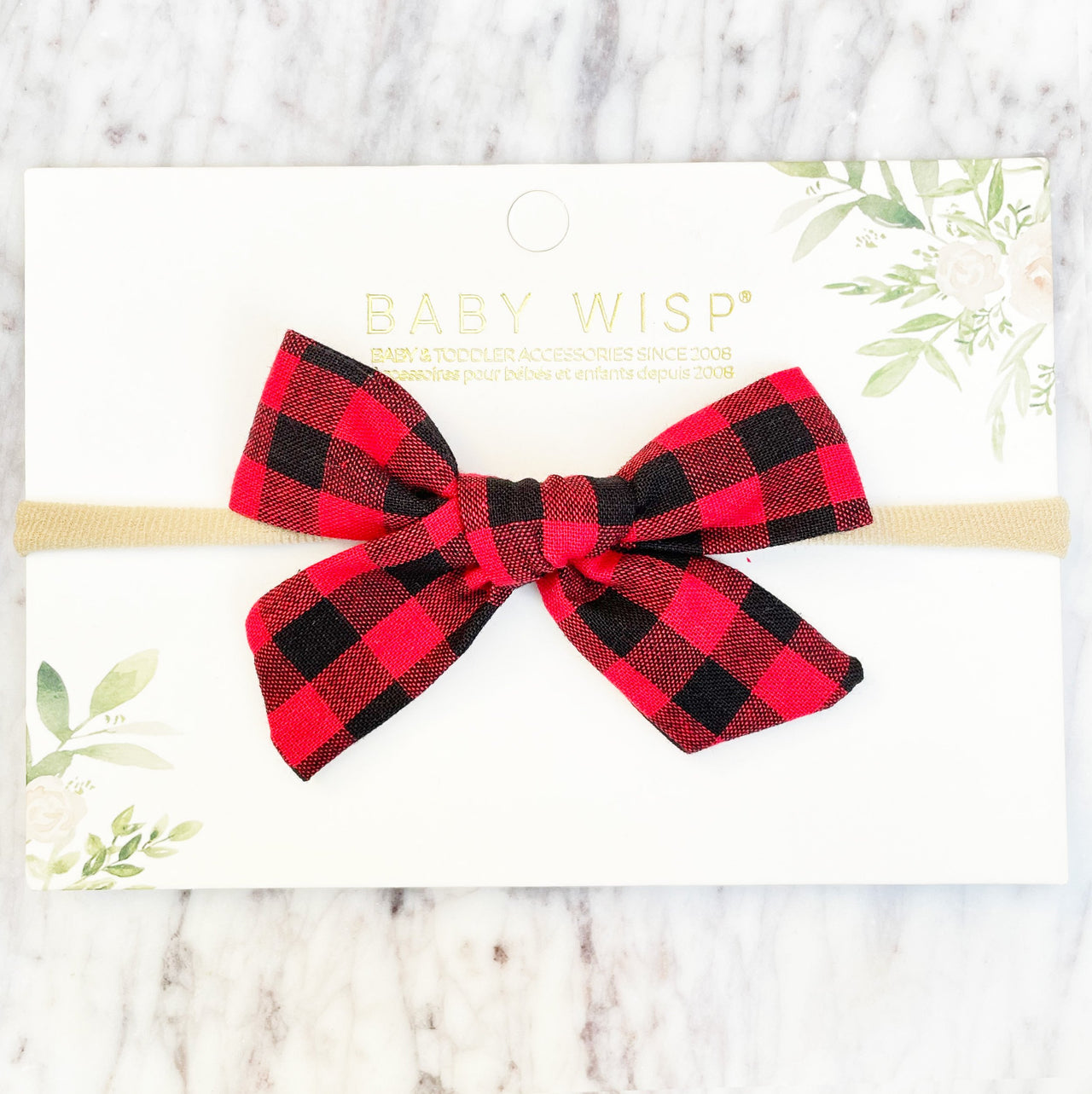 Baby Headband - Hand Tied Buffalo Plaid Bow - Red and Black Baby Wisp