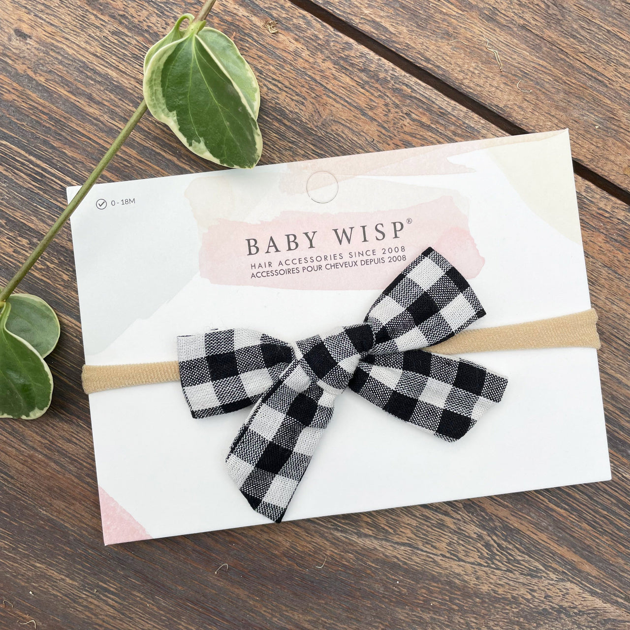 Baby Headband - Hand Tied Buffalo Plaid Bow - Black and White Baby Wisp