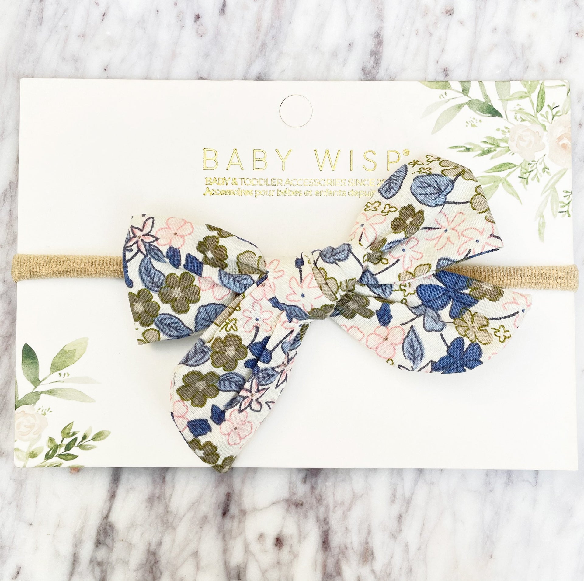 Baby Headband Hand Tied Victoria Bow - Blue Floral Baby Wisp
