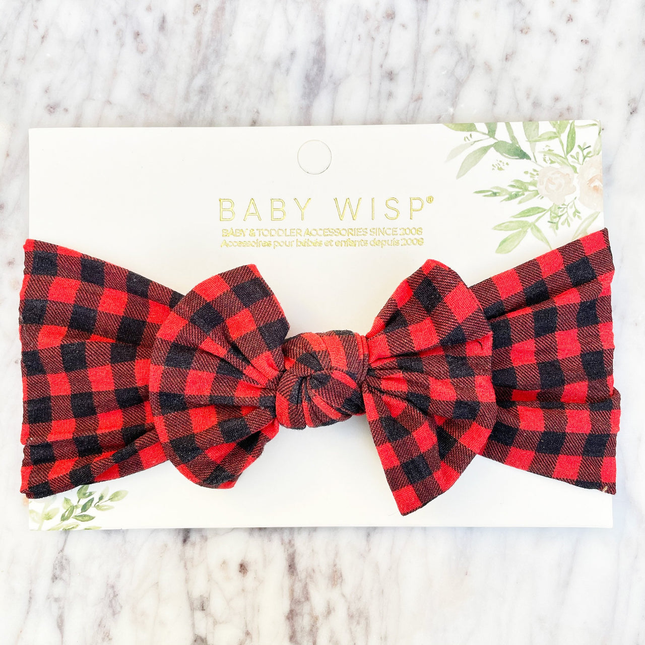 Infant Headwrap Nylon Bow Headband - Red and Black Buffalo Plaid Baby Wisp