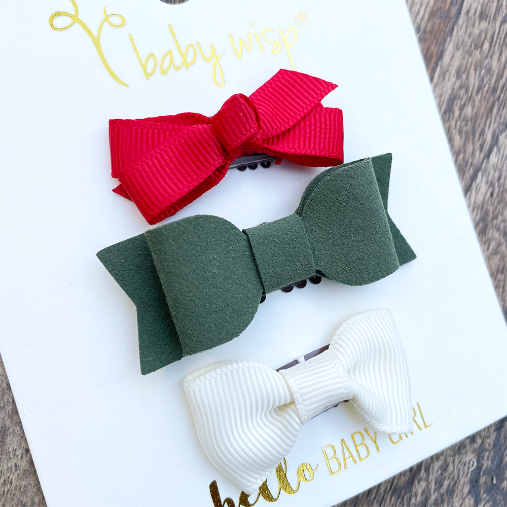 3 Mixed Style Wisp Clips Infant Bows Hair Clips - Holiday Gift Set Baby Wisp