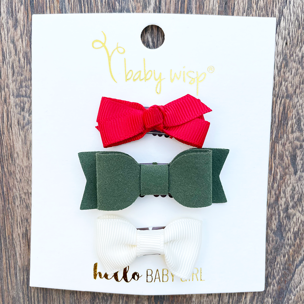 3 Mixed Style Wisp Clips Infant Bows Hair Clips - Holiday Gift Set Baby Wisp
