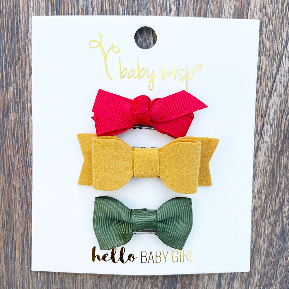 3 Mixed Style Wisp Clips Infant Bows Hair Clips - Holiday Gift Set Baby Wisp