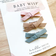 3 Mini Latch Wisp Clips - Faux Suede Hand Tied Baby Bows Baby Wisp