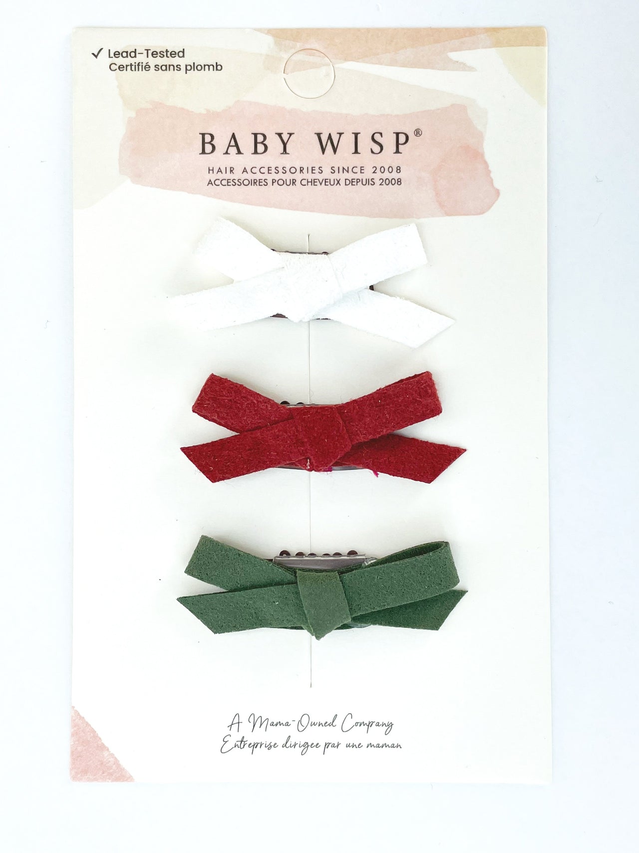 3 Mini Latch Wisp Clips - Faux Suede Hand Tied Baby Bows - Christmas Set Baby Wisp
