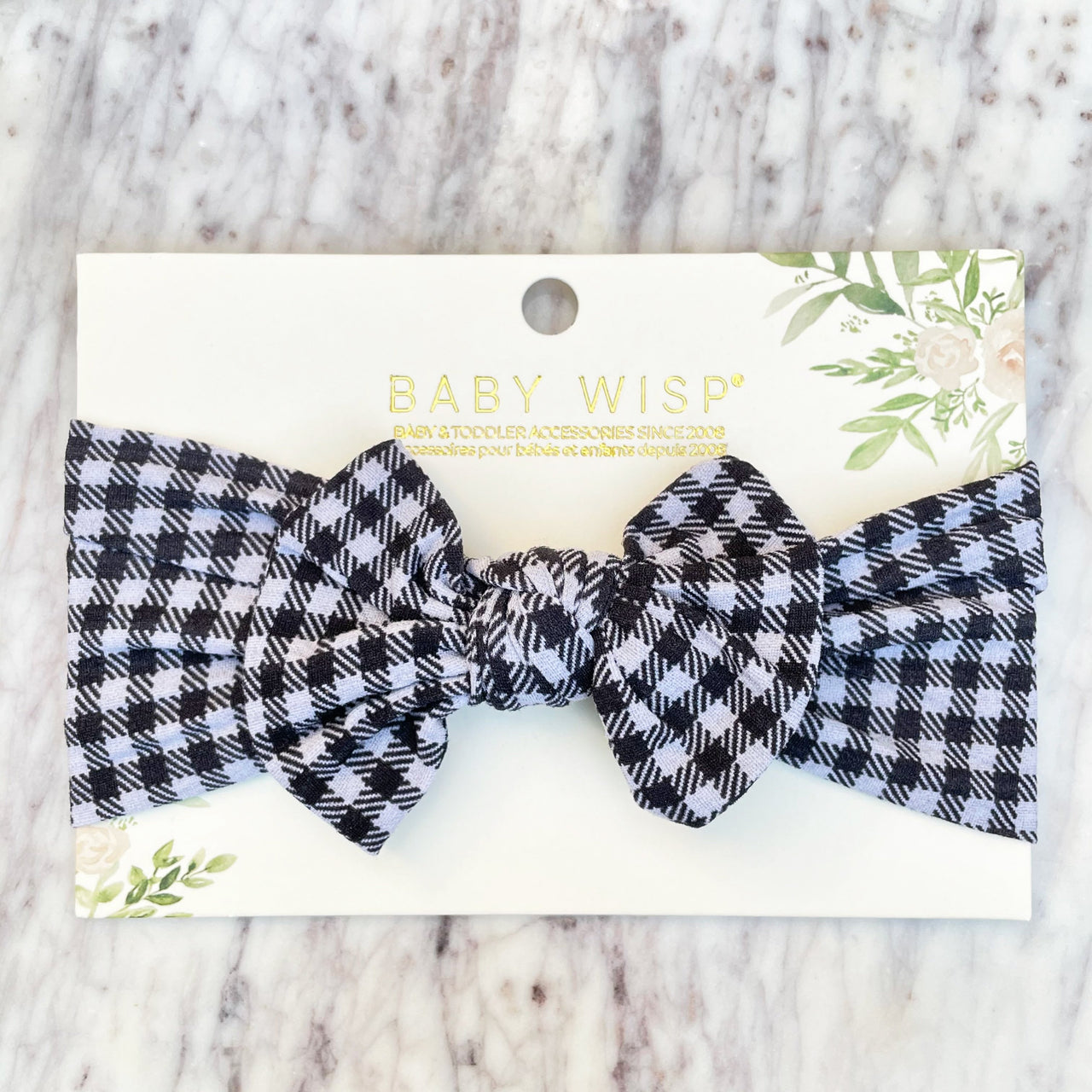 Infant Headwrap Nylon Bow Headband - Black and White Gingham Print Baby Wisp