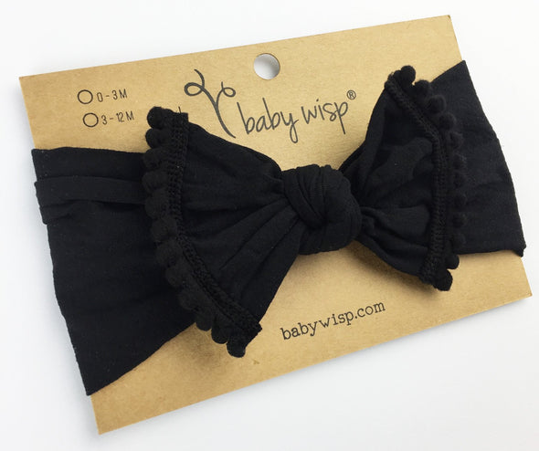 Infant Headwrap - Mini Trim Pom Pom Bow - Black Baby Wisp