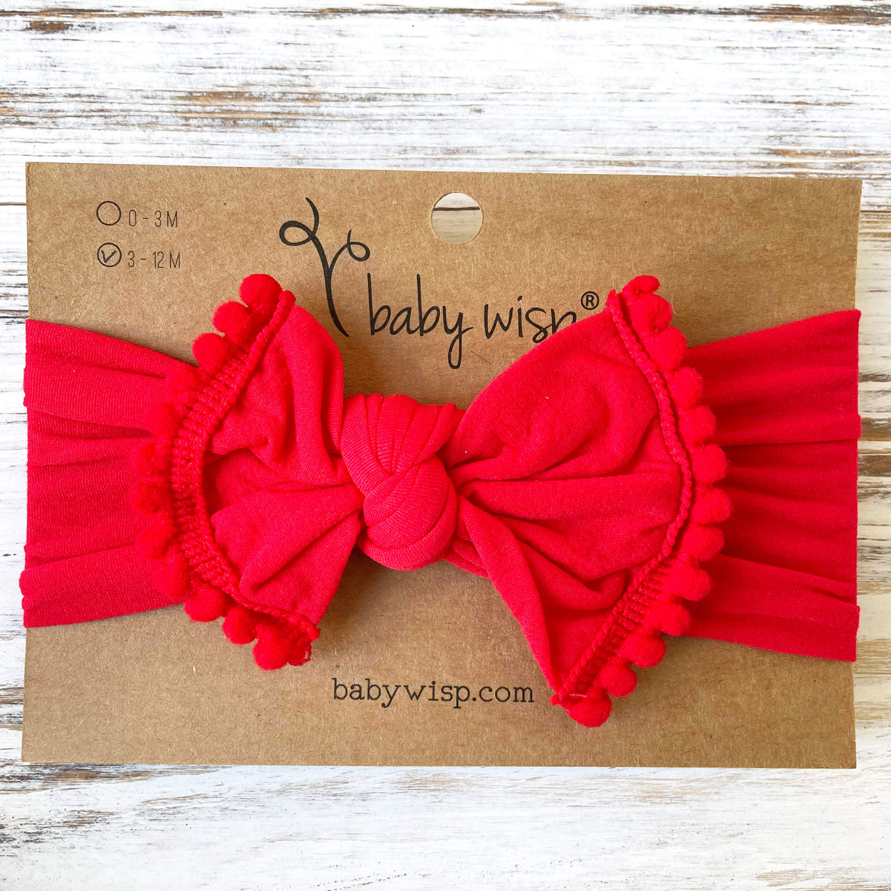 Infant Headwrap - Mini Trim Pom Pom Bow - Red Baby Wisp