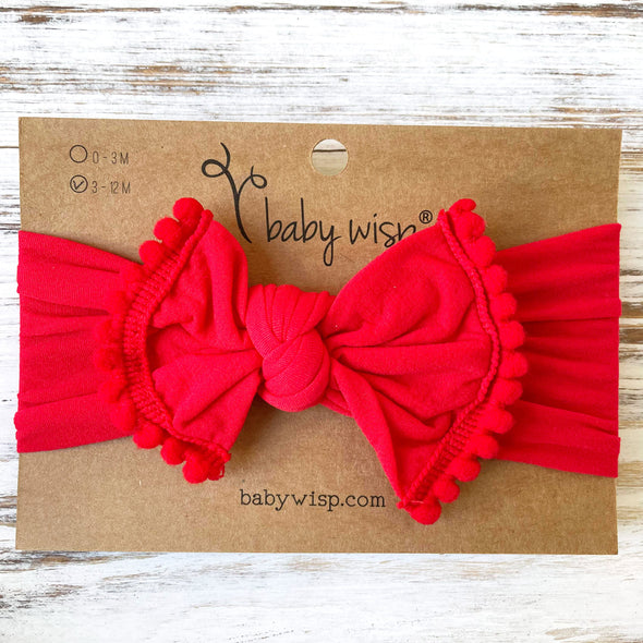 Infant Headwrap - Mini Trim Pom Pom Bow - Red Baby Wisp