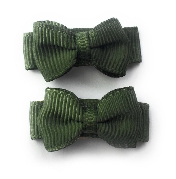 Grosgrain Tuxedo Ribbon Bow - 2 Snap Clips - Moss Green Baby Wisp