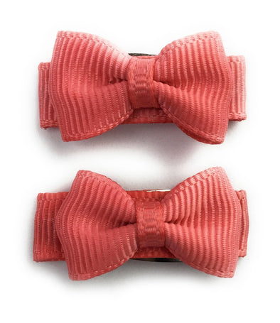 Grosgrain Tuxedo Ribbon Bow - 2 Snap Clips - Deep Coral Baby Wisp