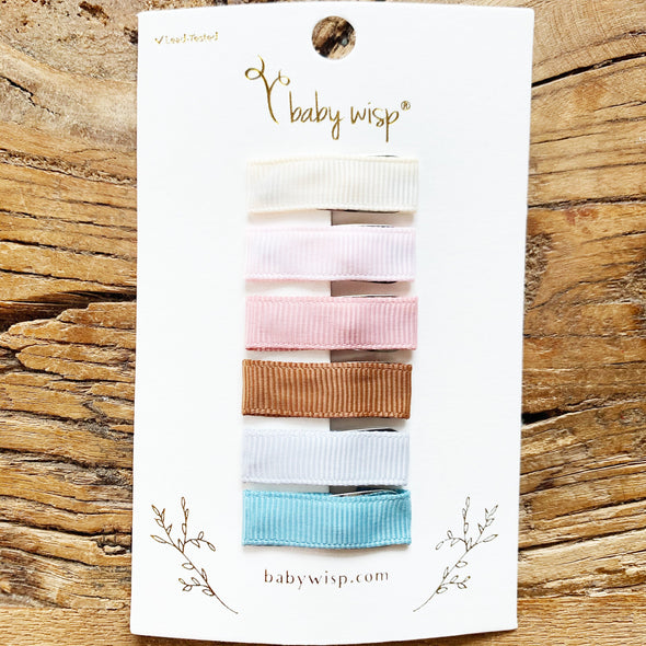 6 Small Snap Ribbon Lined Clips -  Gift Set Baby Wisp