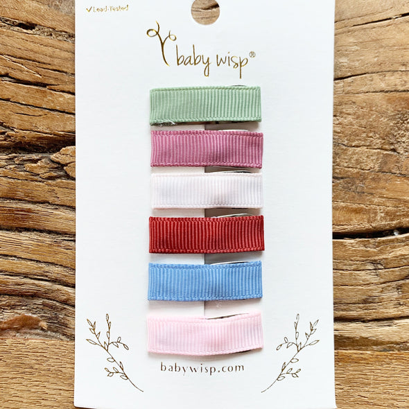 6 Small Snap Ribbon Lined Clips -  Gift Set Baby Wisp