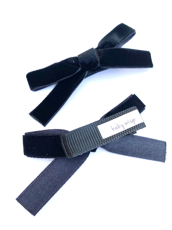 Velvet Ribbon Pigtail Bows Alligator Clips - 2 Bows - Black Baby Wisp