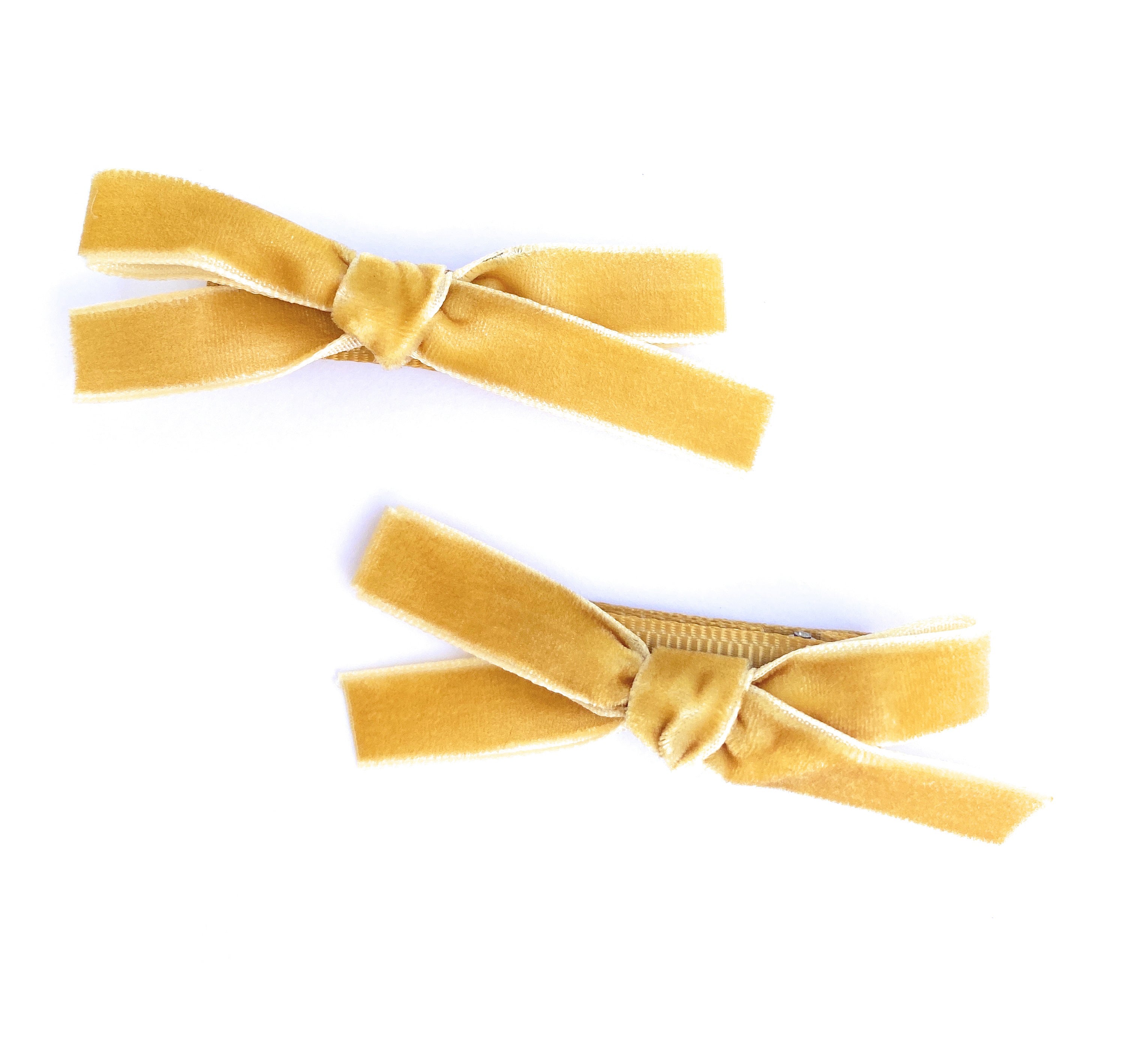 Velvet Ribbon Pigtail Bows Alligator Clips - 2 Bows - Golden Wheat