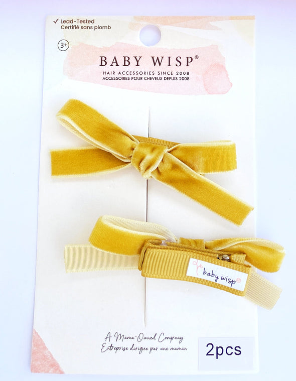 Velvet Ribbon Pigtail Bows Alligator Clips - 2 Bows - Wheat Baby Wisp