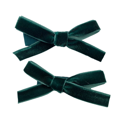 Green Velvet Ribbon Pigtail Bows Alligator Clips - 2 Bows Baby Wisp